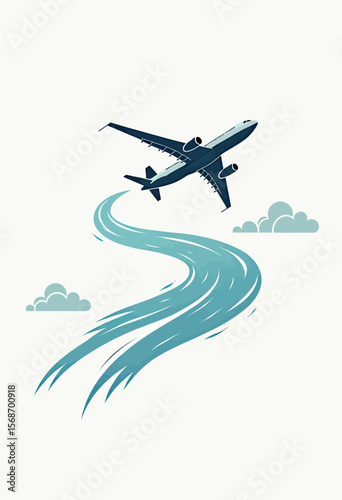 Modern illustration of a passenger airplane flying along a stylized river-like path in the sky, symbolizing a travel journey, tourism, or flight route.
