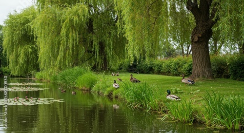 Fototapeta Naklejka Na Ścianę i Meble -  Serene park scene with ducks and weeping willows