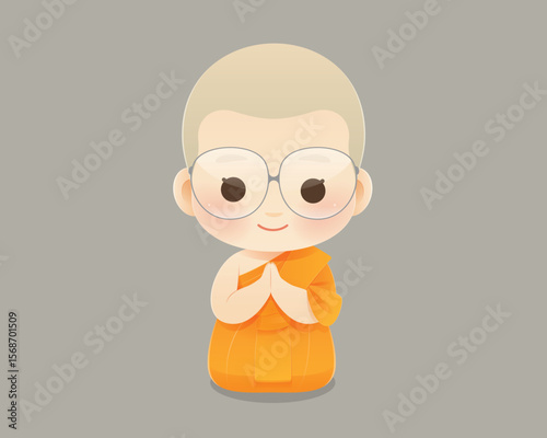 Adorable young novice monk kneeling in prayer with peaceful expression.