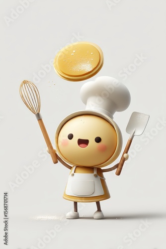 Charming Cartoon Chef Character Juggling Kitchen Utensils and Pancake with Joyful Expression