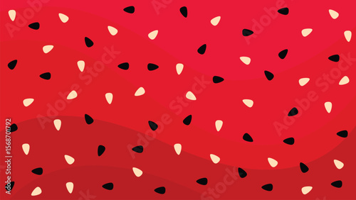 Watermelon texture or pulp background. Abstract watermelon seeds pattern vector with black and beige colors on red background