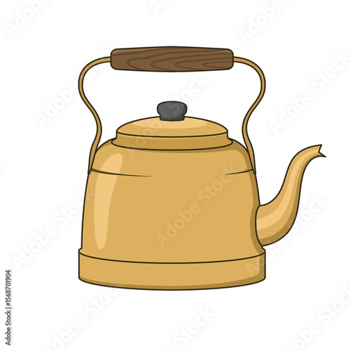 Antique gold kettle with wooden handle. Vector design