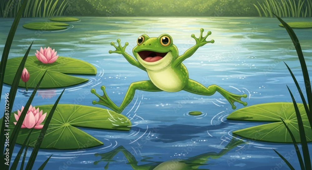 Fototapeta premium Happy frog jumping on water with lily pads illustration