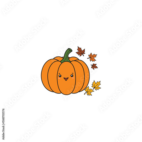 An icon of a cute cartoon orange pumpkin with autumn leaves scattered around it, symbolizing the fall season.