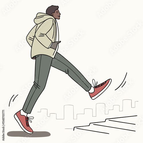 Man in beige jacket and grey pants running with red shoes walking
