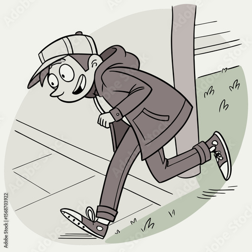 Sneaky boy with cap and hoodie walking near a pole vector