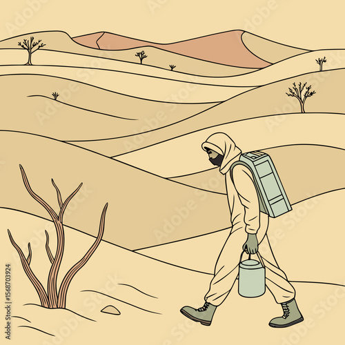 Solitary traveler with water container in arid landscape desert sand dunes