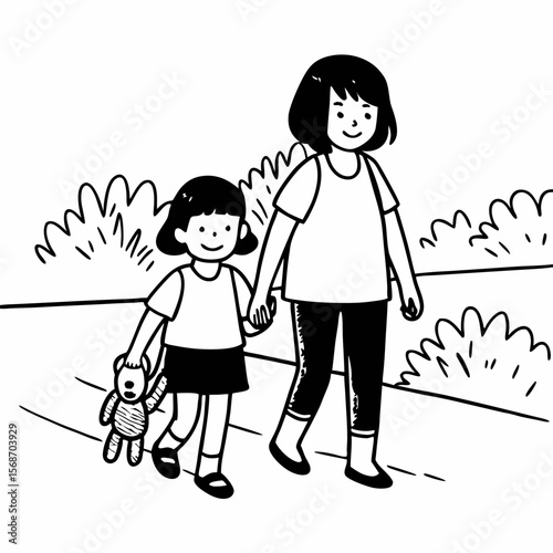 Two girls walking together holding hands with a teddy bear children siblings