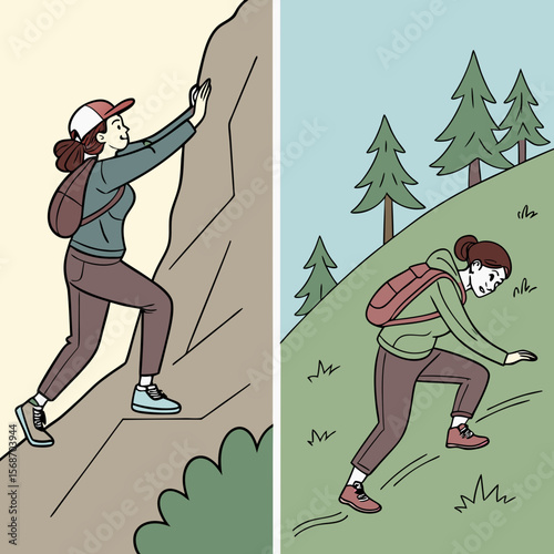 Woman climbing rock and hiking grassy hill vector