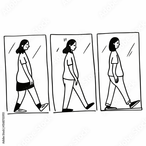 Woman walking through frames movement progression