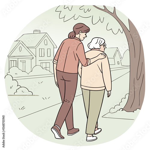 Young woman supporting elderly parent walking outdoors family care