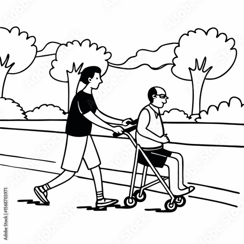 Young man pushing elderly man in walker outdoors walking park