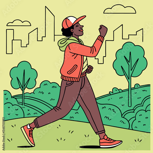 Active person jogging in park with city skyline trees