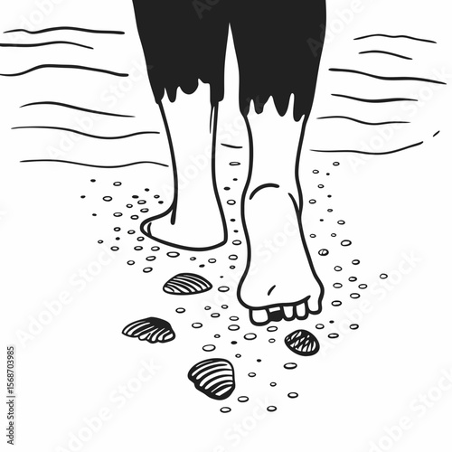 Barefoot walking on sand with shells and water beach