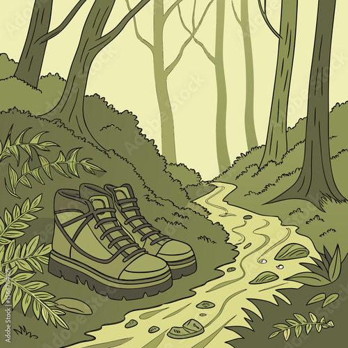 Hiking boots resting beside forest stream forest path trees