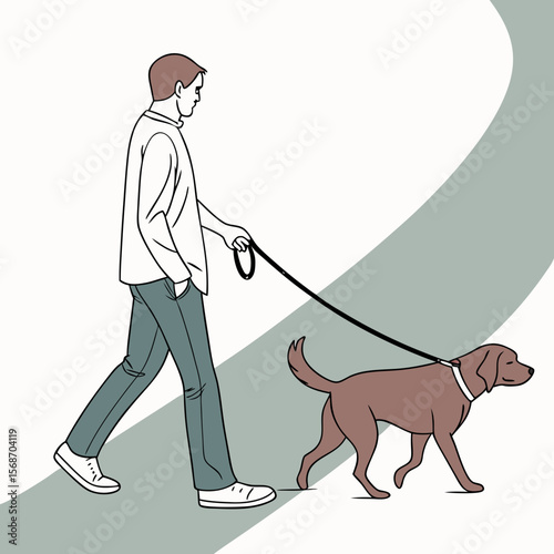 Man walking brown dog on leash vector