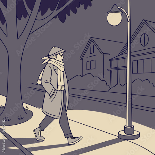 Person walking at night with streetlights and houses sidewalk