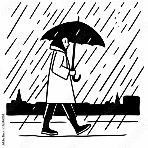 Person walking in rain with umbrella coat