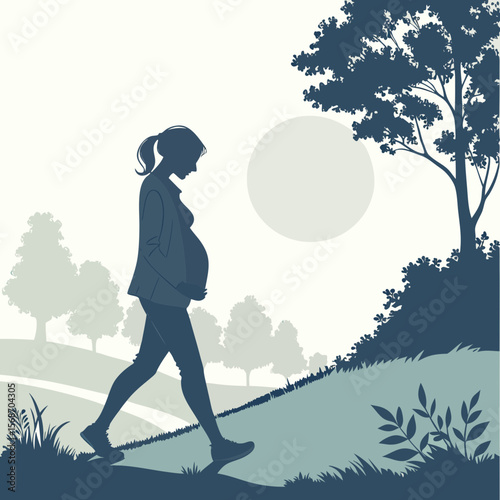 Pregnant woman walking in nature silhouette park