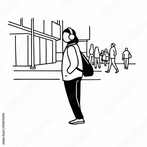 Person wearing headphones and carrying a backpack walking street