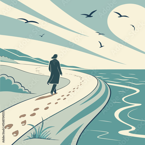 Solitary figure walking along a coastal path leaving footprints beside the ocean with birds flying overhead