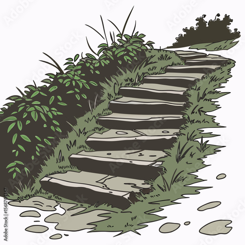 Stone steps winding through lush green foliage and muddy puddles winding path grass