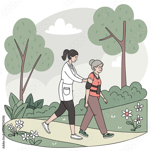 Therapist assisting patient walking outdoors park