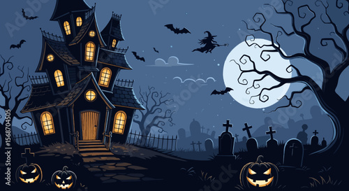 Spooky illustration of a haunted house, graveyard, and flying witch under a full moon.