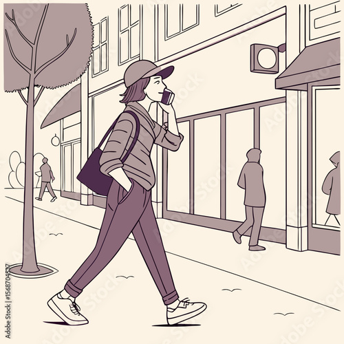 Young woman talking on phone while walking on city street vector