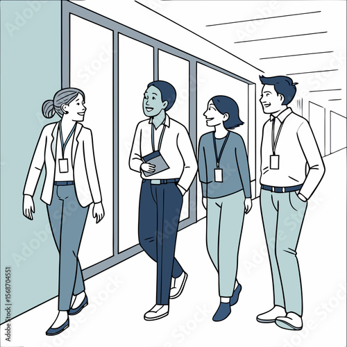 Colleagues walking together in office hallway people meeting