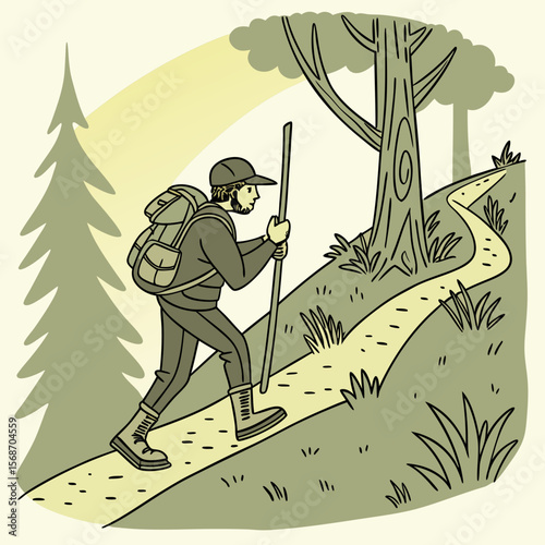 Bearded man with backpack and stick climbing winding path through trees hiker