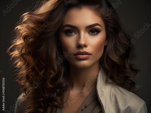 Studio portrait with voluminous hairstyle and cinematic backlight in dark tones