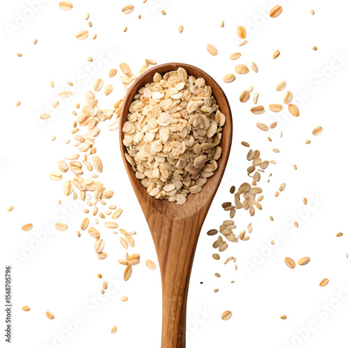 Wooden spoon overflowing with rolled oats scattered around on a transparent background isolated on transparent background