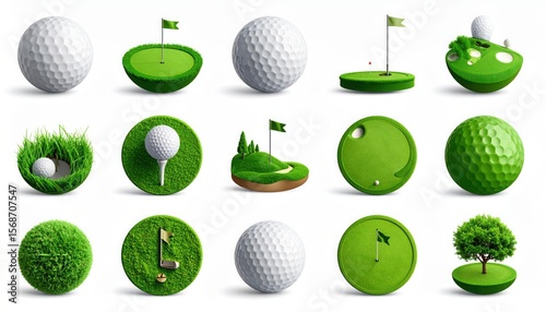Collection of whimsical golf elements: isolated golf balls, greens, tees, flags and turfs against a white background
