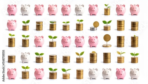 Piggy Banks and Coin Stacks: Financial Savings and Growth Concept on White
