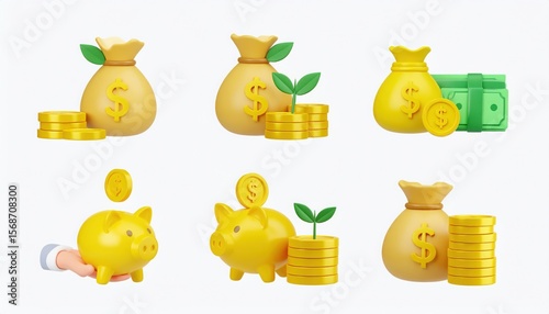 3D Rendered Money Bags and Piggy Bank Icons. Saving and Investment Concept.