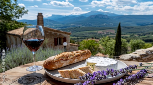 A delightful french cheese platter with fresh baguette and red wine amidst lavender fields
