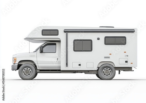 White Class B camper van, side view, isolated on white background.