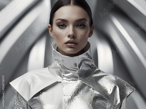 Futuristic fashion editorial featuring silver-white outfit in geometric background