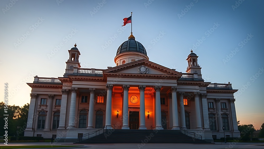 Obraz premium Majestic neoclassical architecture bathed in golden hour light at dusk.