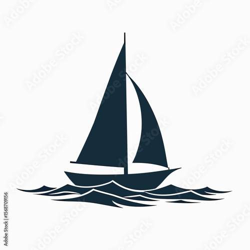 A minimalist sailboat silhouette gracefully navigating stylized ocean waves, a perfect clean and modern icon for a nautical brand logo or travel company.
