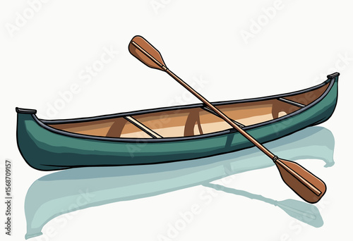 Classic green canoe with a wooden paddle, illustrated with a serene water reflection for designs about peaceful outdoor adventures and lakeside camping trips.
