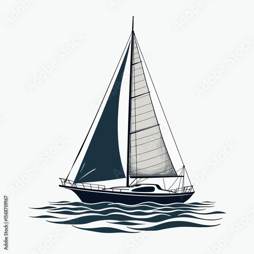 Detailed vector illustration of a classic sloop sailboat with shaded sails, gracefully navigating ocean waves for maritime and adventure travel-themed designs.
