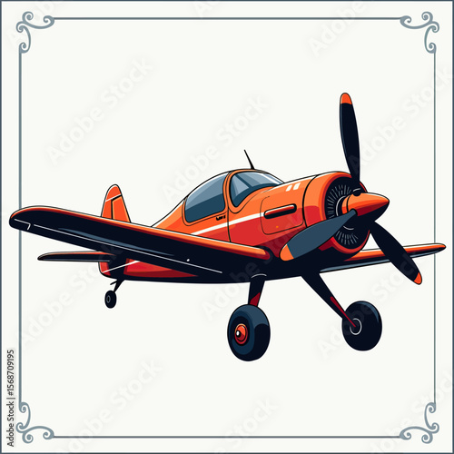 Vibrant cartoon illustration of a classic red single-engine propeller plane, framed with a decorative border, for vintage aviation and travel themes.
