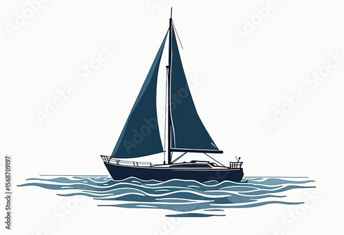 Elegant sloop sailboat with dark blue sails navigating the open sea, a minimalist vector illustration for nautical branding, travel logos, or marine decor.
