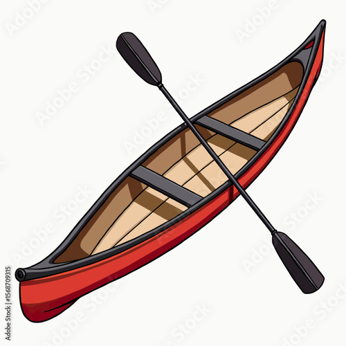 Classic red canoe with a single crossed paddle, a cartoon vector illustration capturing the spirit of river trips, camping, and traditional outdoor recreation.
