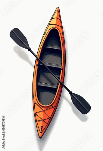 Sleek top-down illustration of a modern orange sea kayak with a double-bladed paddle, perfect for designs about water sports and outdoor recreational adventures.
