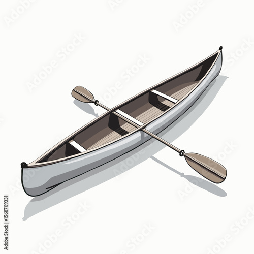 Detailed isometric illustration of a classic white canoe with two crossed paddles, ideal for projects about teamwork, outdoor adventure, and lakeside recreation.
