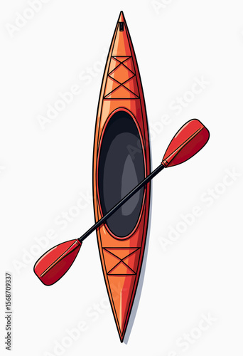 Vibrant top-down illustration of an orange sea kayak with a paddle, perfect for designs about water sports, outdoor adventure, and recreational travel.
