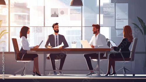 Modern business team meeting in a bright office space.